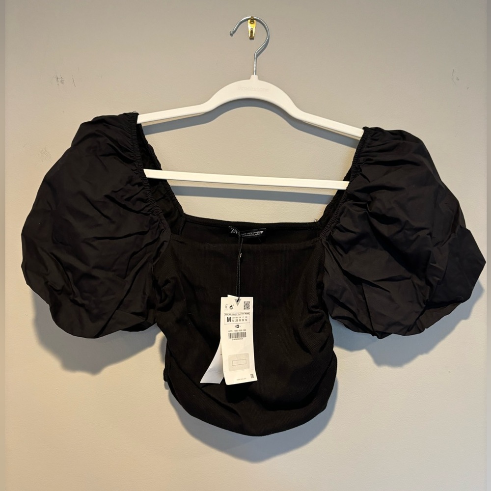 Women's Black Zara Puff Short Sleeve Top - Size Small NWT - Picture 4 of 11